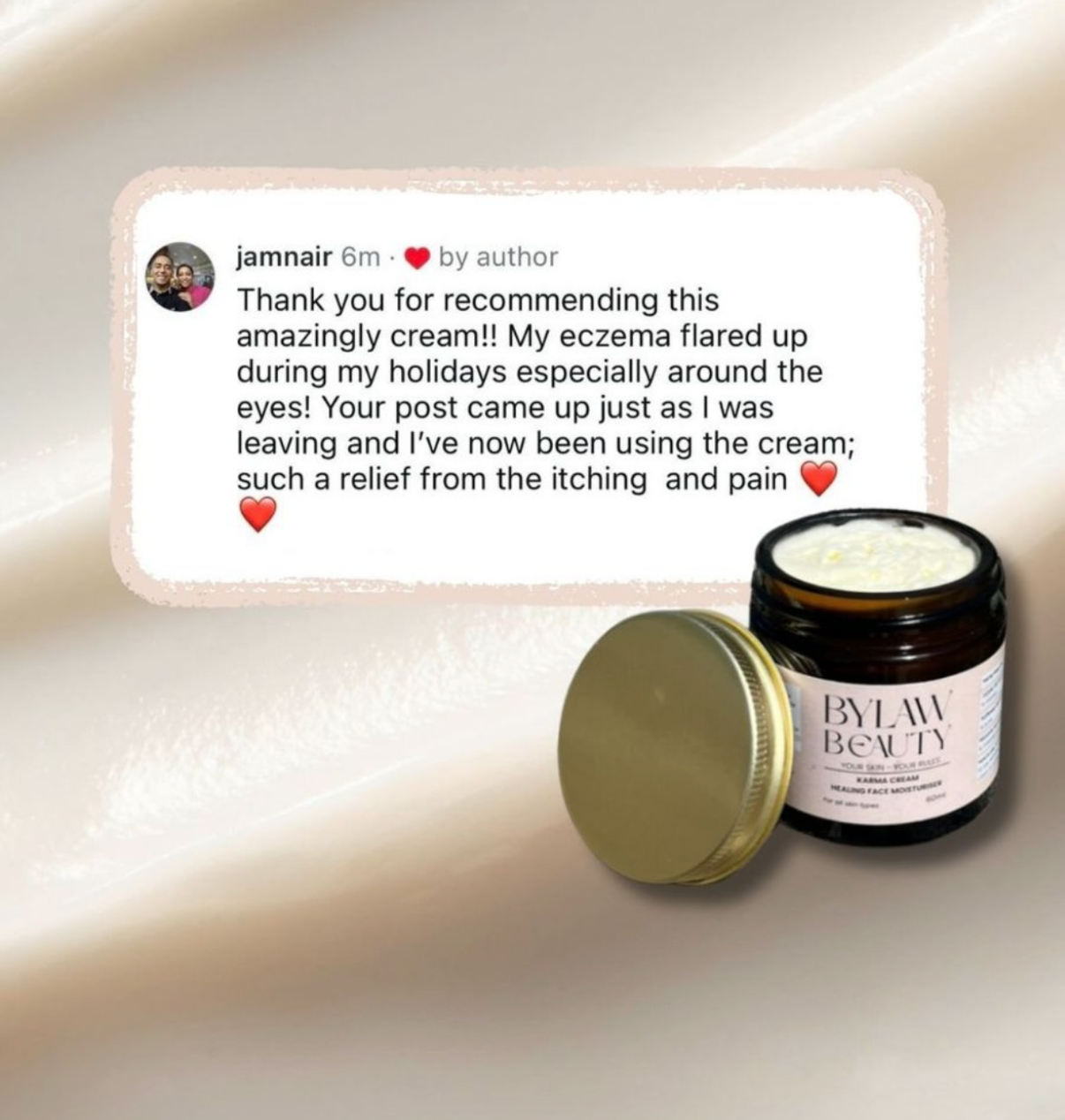 Jar of Bylaw Beauty cream with a customer review on a light background